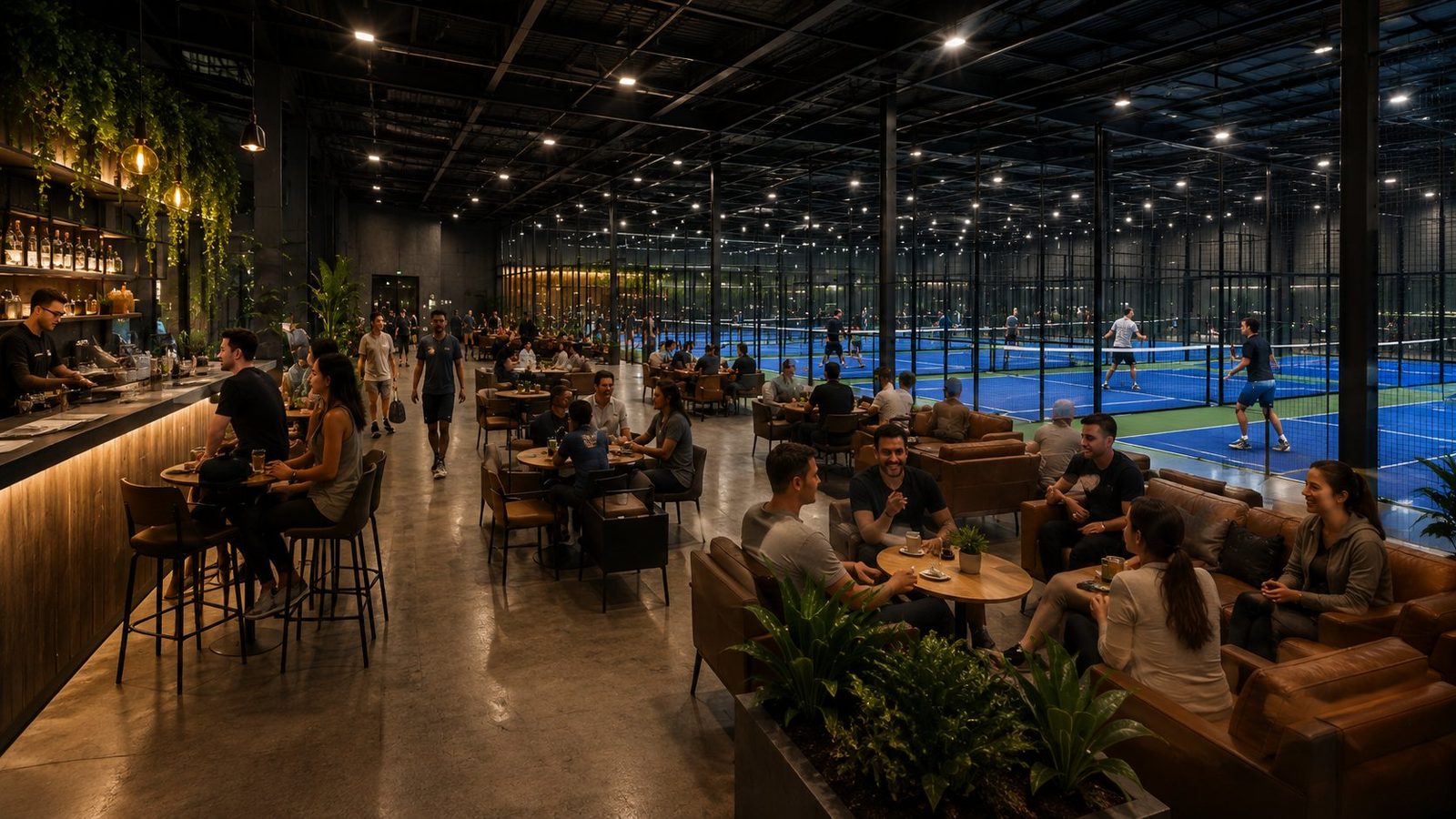 Members relaxing in the club lounge beside the courts